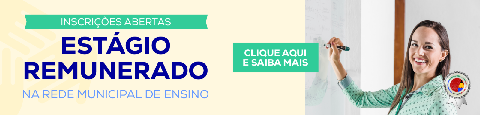 Peça de divulgação da Prefeitura de Ibirité sobre as inscrições para estágio remunerado na rede municipal de ensino.